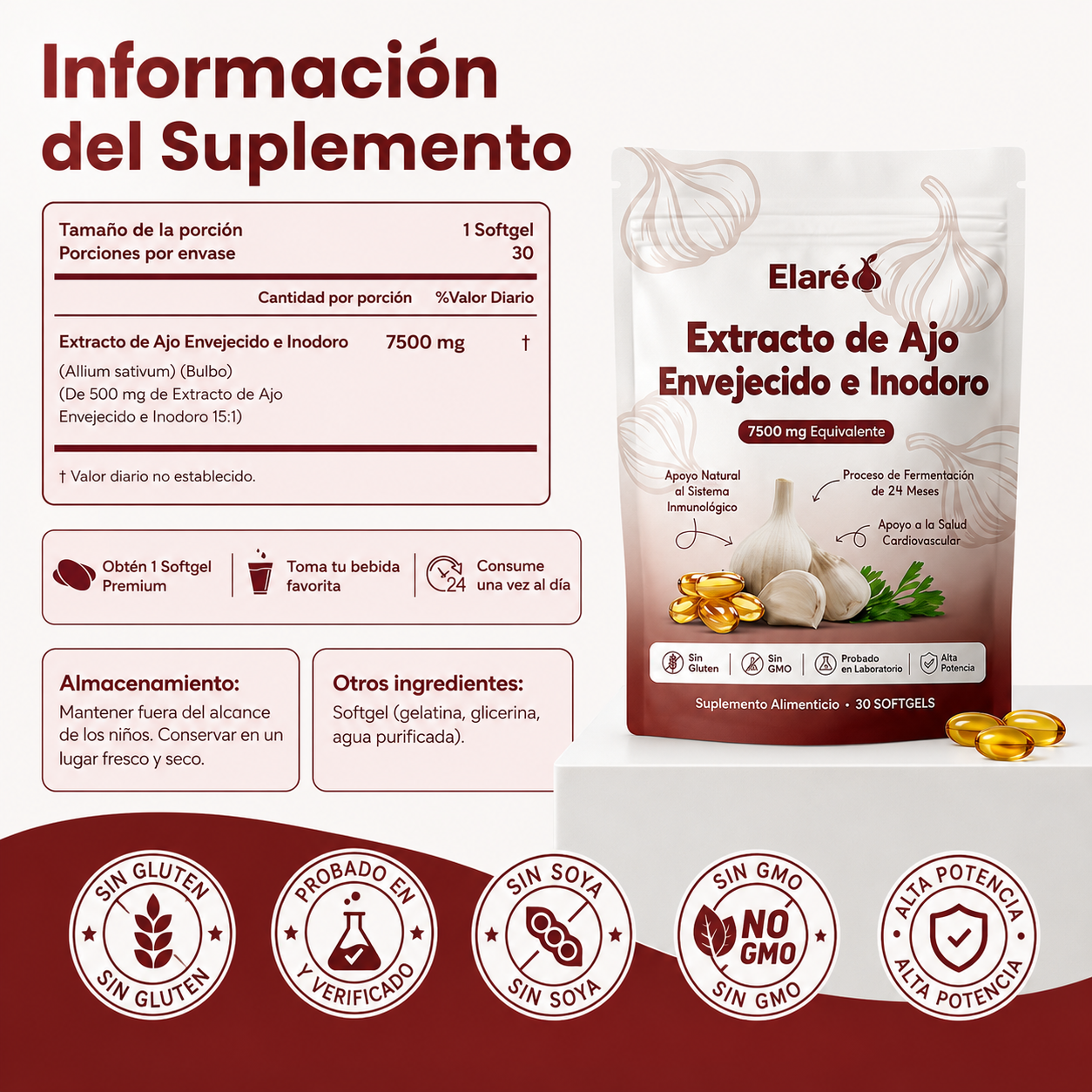 Extracto de ajo envejecido - Cápsulas blandas inodoras de 7500 mg