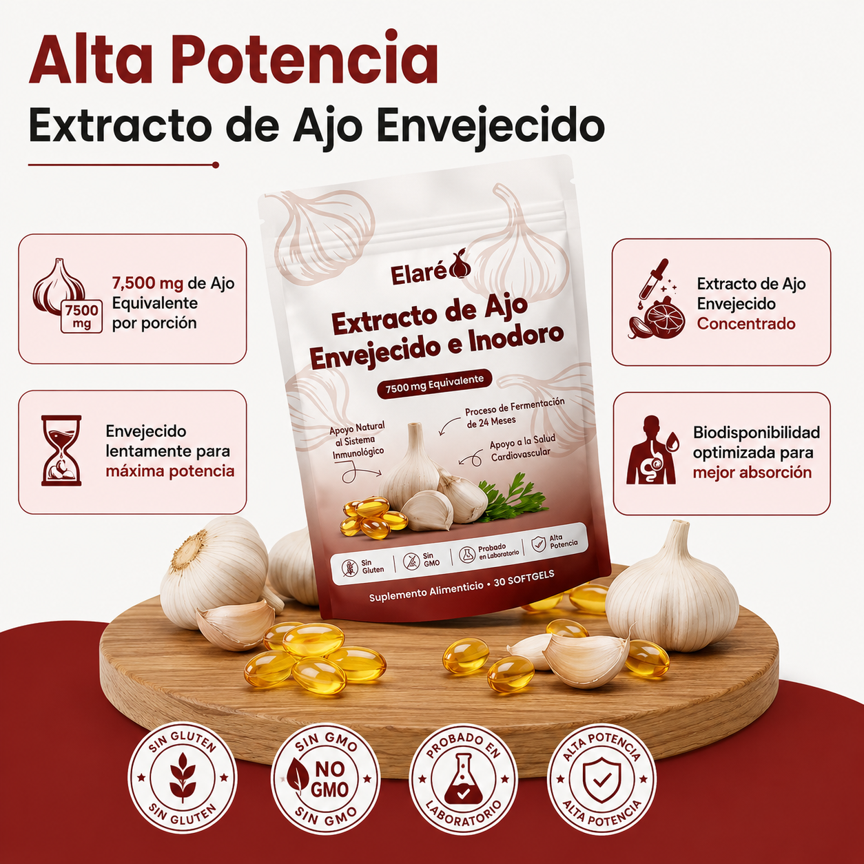 Extracto de ajo envejecido - Cápsulas blandas inodoras de 7500 mg