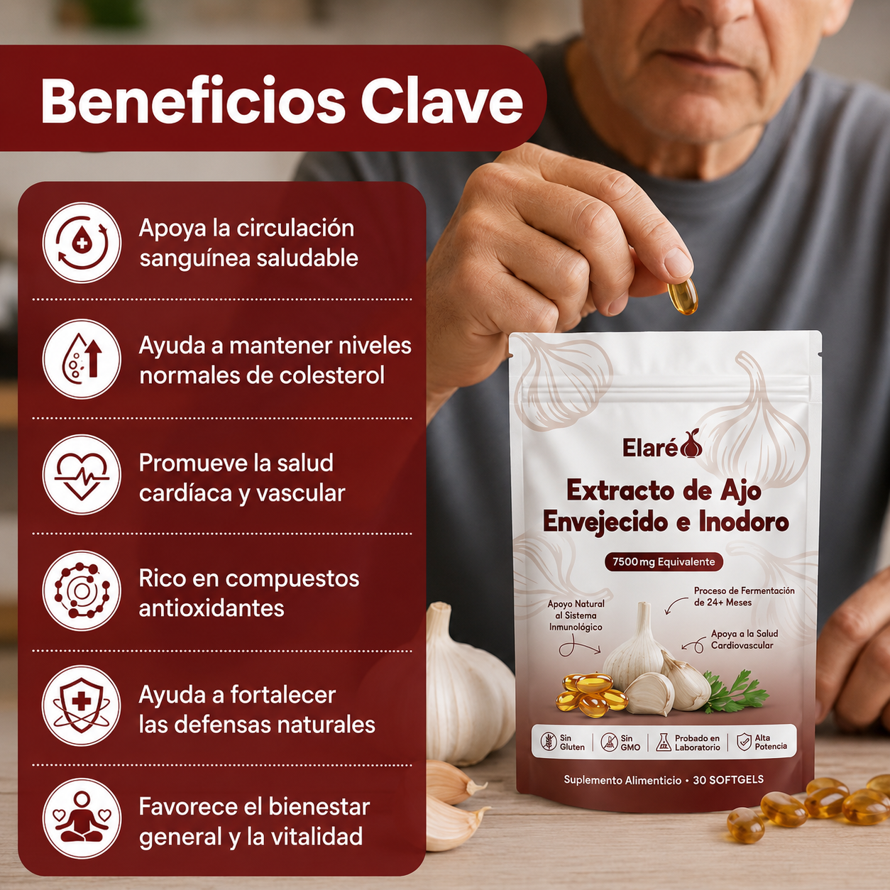 Extracto de ajo envejecido - Cápsulas blandas inodoras de 7500 mg